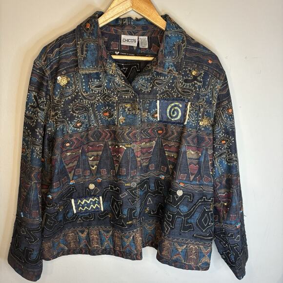 Chico's Embroidered Jacket XL Patchwork Stones Embellish Art to Wear Aztec Boho - Picture 2 of 16